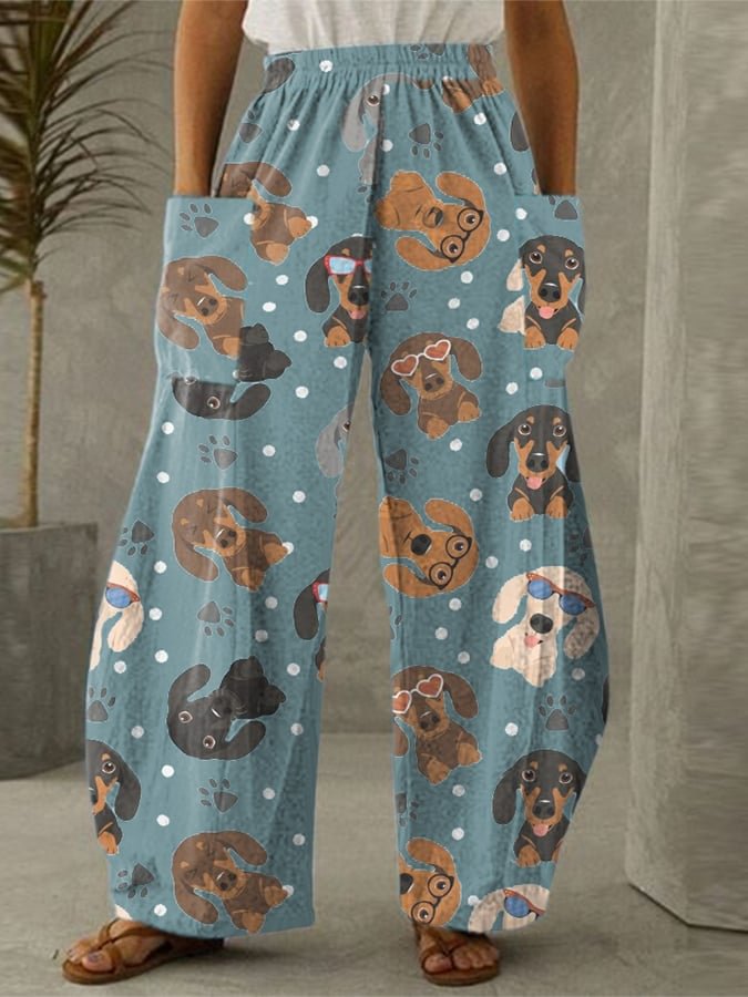 Women's Dachshund Print Casual Wide Leg Pants