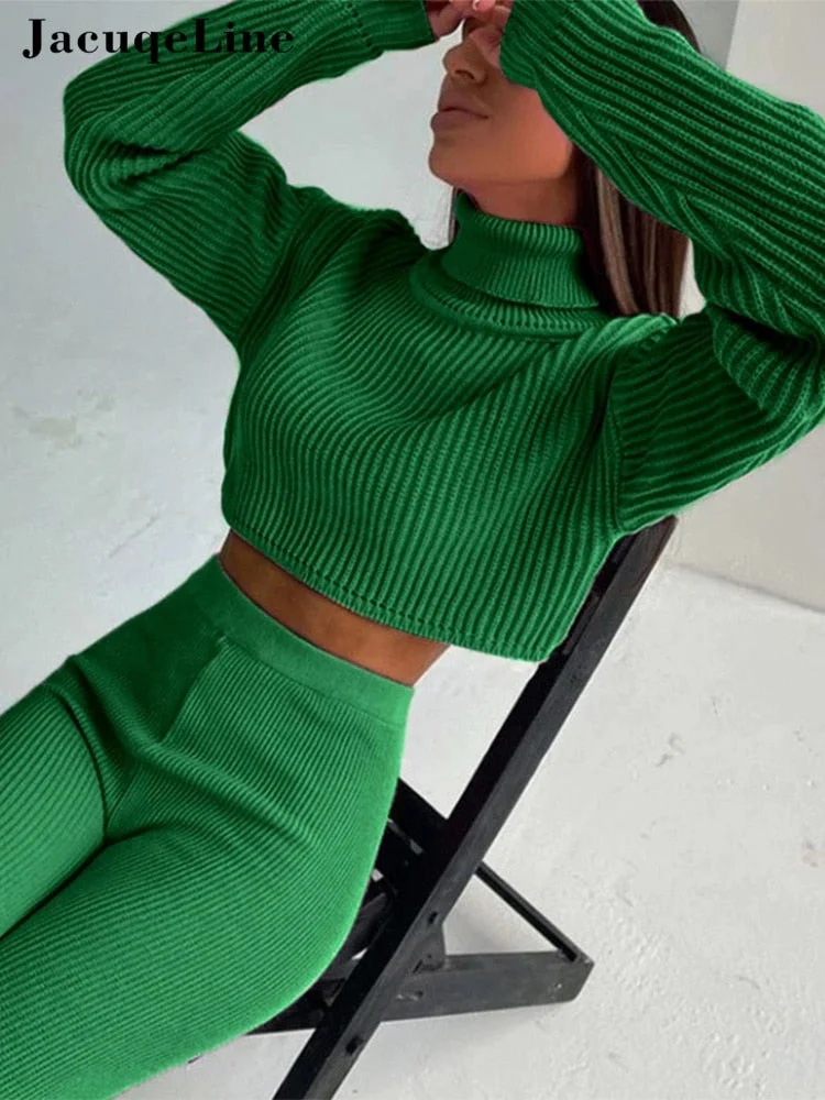Jacuqeline 2022 Sexy Y2K Knitted Women's Suit Pencil Pants And Turtleneck Crop Top Two Piece Set Woman Outfits Autumn Winter