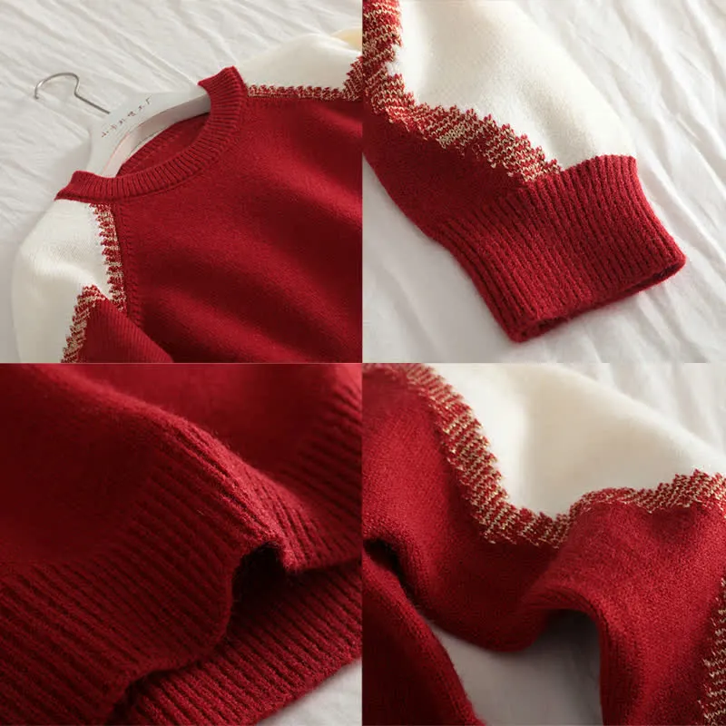 Chic Colorblock Round Collar Knit Loose Sweater