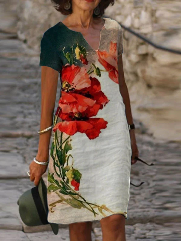 Fashion V-neck Short Sleeve Printed Dress