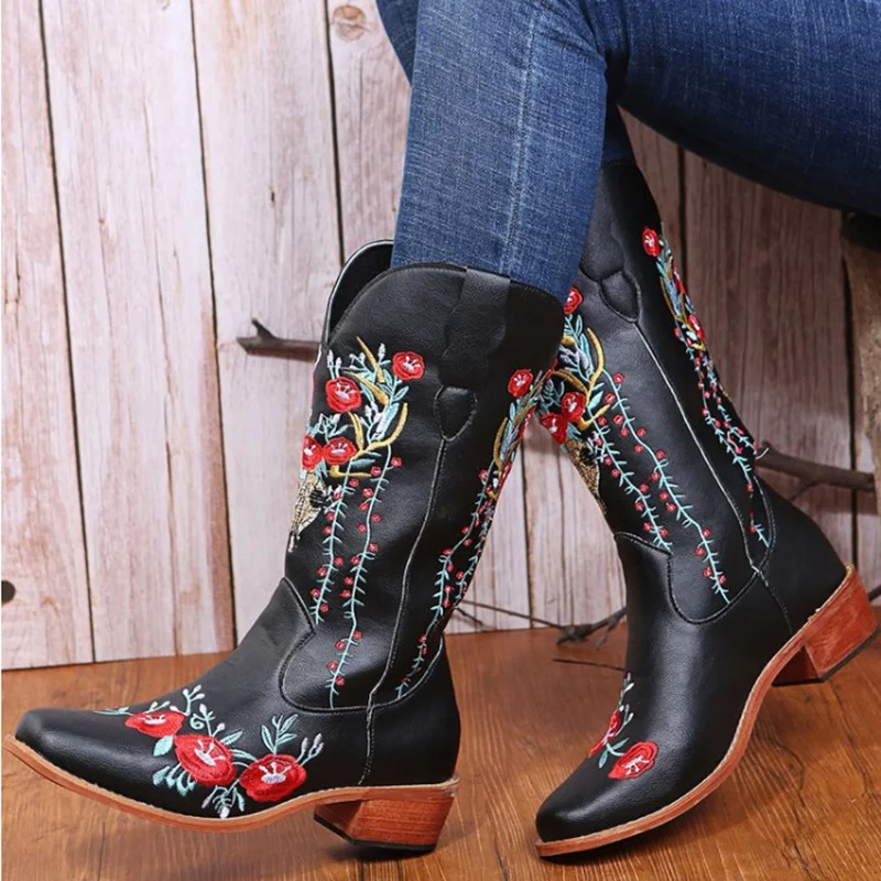 Western cowboy elk flower embroidery rider boots mid-tube Martin boots