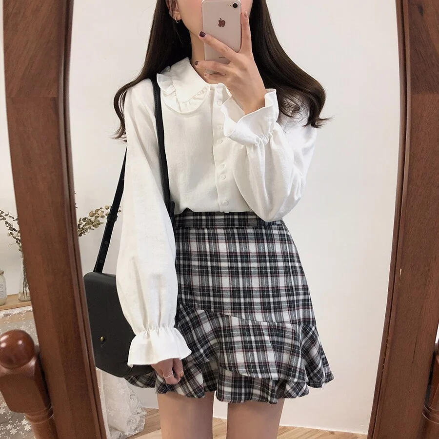 Blouses Shirts Women Solid Peter Pan Collar Flare Sleeve Elegant Sweet Harajuku Students Womens All-match OL Fashion Chic Casual