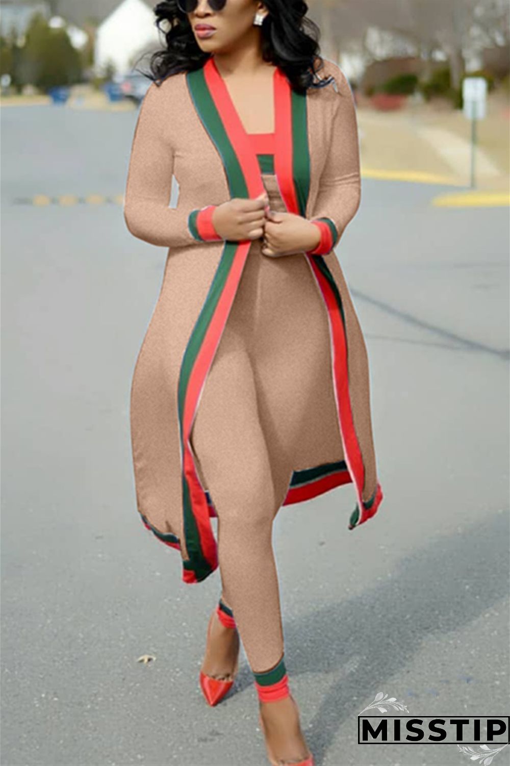 LightKhaki Casual Patchwork Blending Two-piece Pants Set(With The Coat)