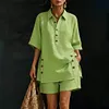 Women's Elegant Plus Size Solid Color Short-Sleeve Shirt Loose Pants Two-Piece Set