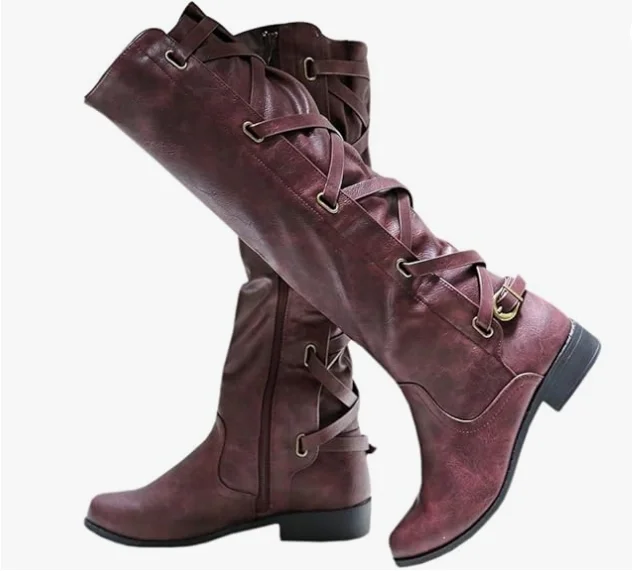 Burgundy Lace-Up Riding Boots with Buckle Detail Vdcoo