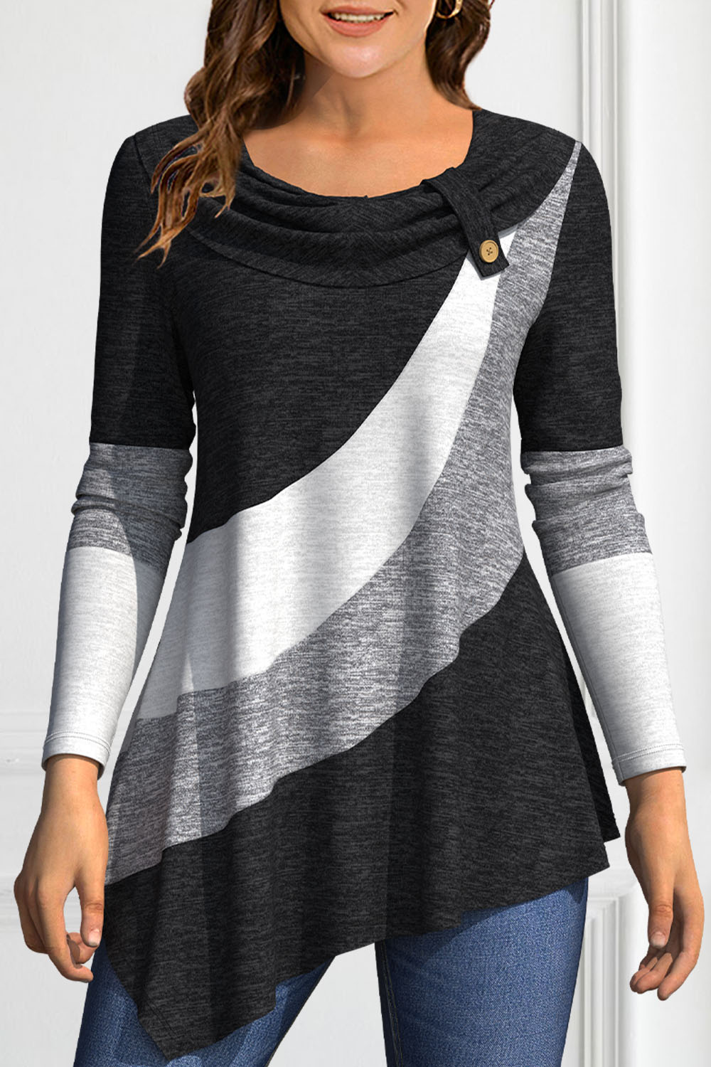 Flycurvy Plus Size Casual Black Colorblock Patchwork Cowl Neck Blouse 2024 - Flycurvy 