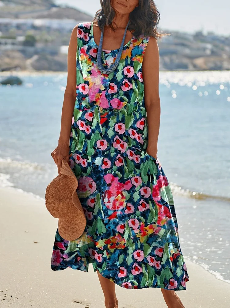 Womens Colorful Flower Print Pocket Pinafore Linen Dress