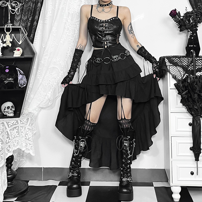 Women's Daily Asymmetric Side Draping Cut Ruffled Edges Gothic Black Long Skirt