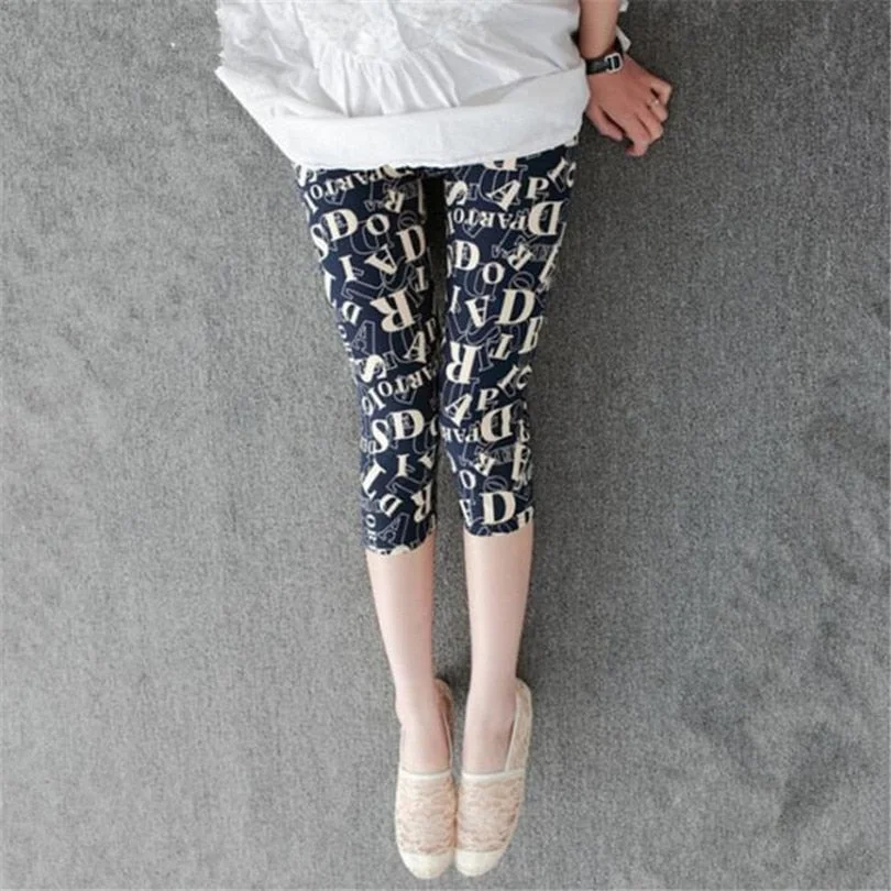 CUHAKCI Calf-Length Floral Stripe Print Sexy Pants Black Short Capris Women Summer Leggings High Waist