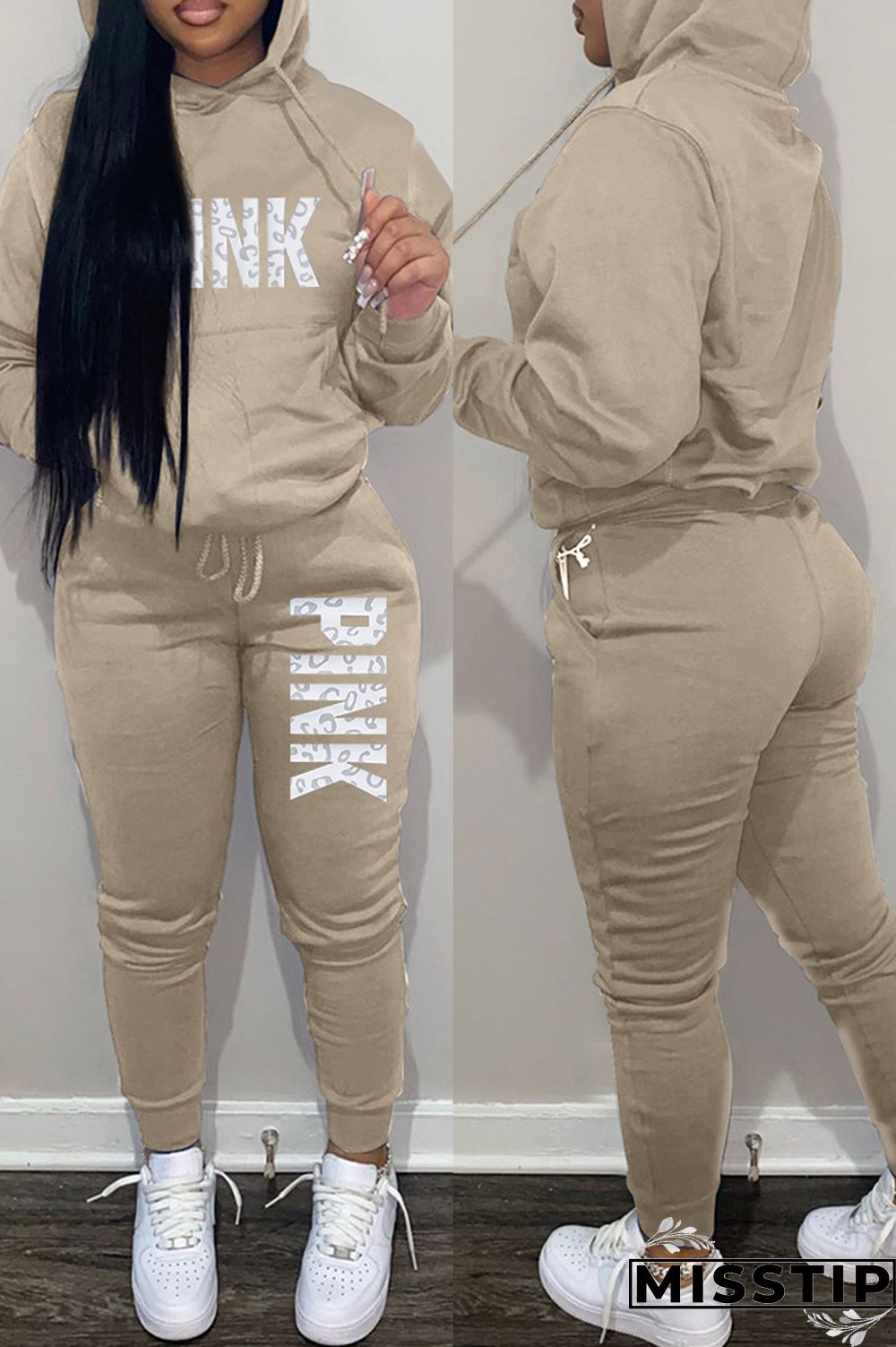 Khaki Fashion Casual Letter Print Basic Hooded Collar Long Sleeve Two Pieces