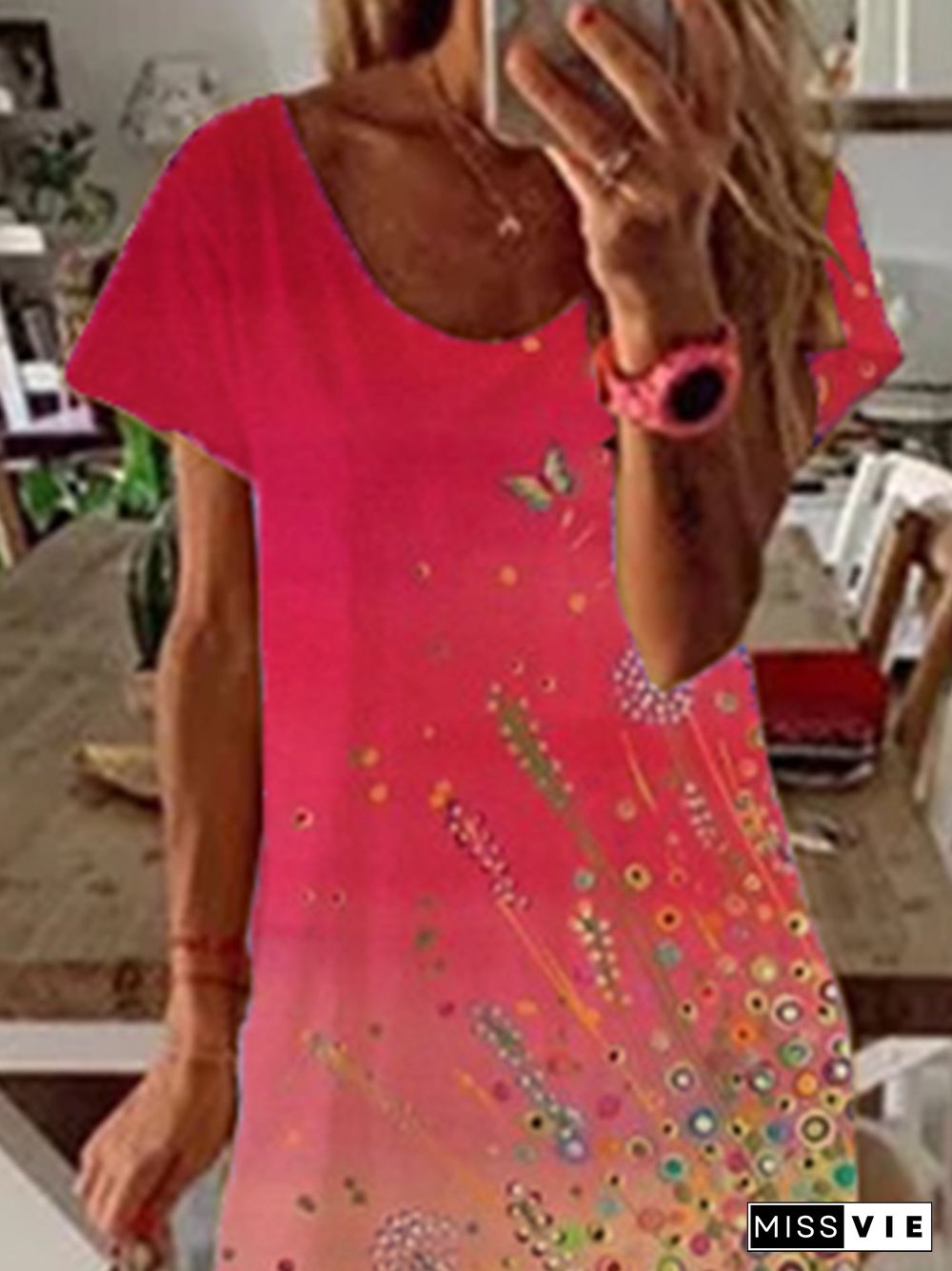Women Chic Casual Tie-Dye Short Sleeve V Neck Midi Weaving Dress