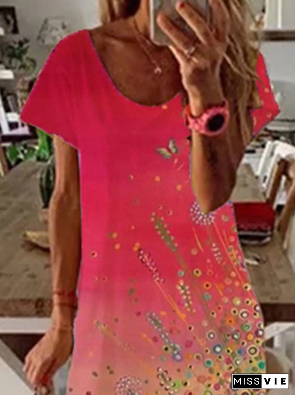 Women Chic Casual Tie-Dye Short Sleeve V Neck Midi Weaving Dress