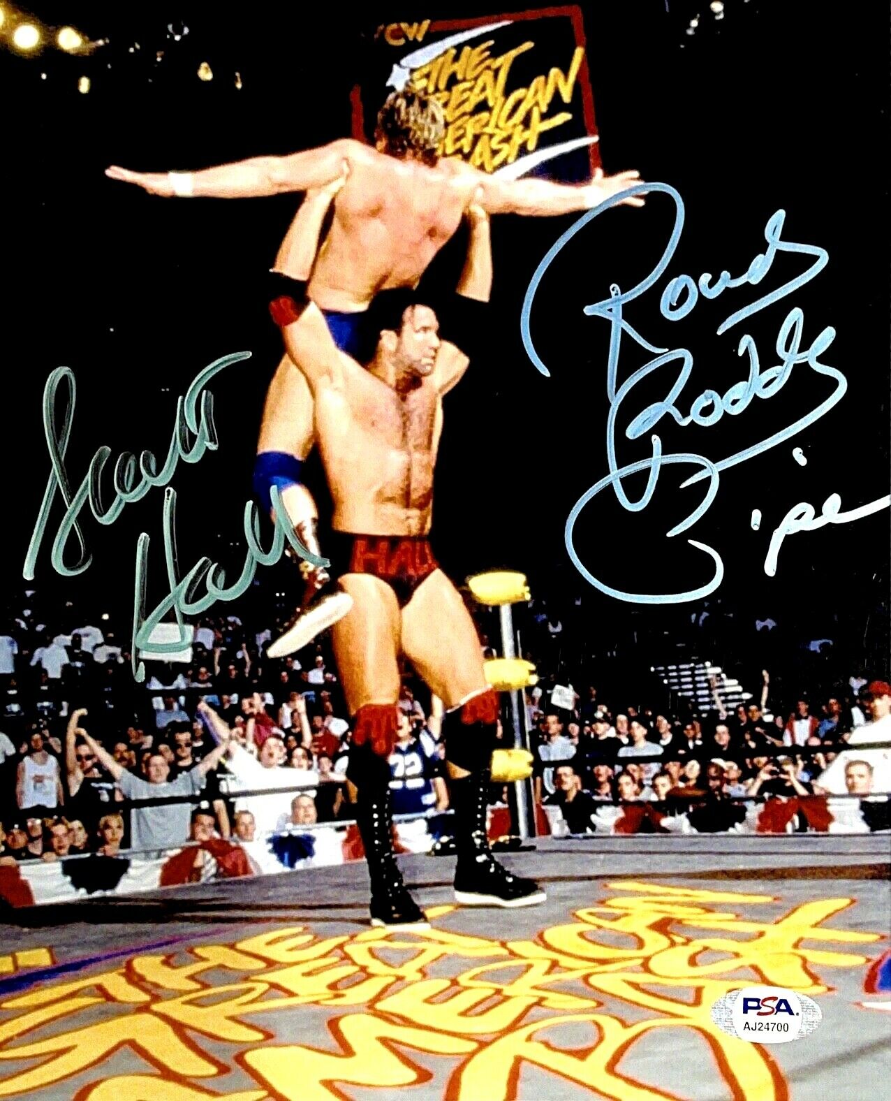 WWE RODDY PIPER SCOTT HALL HAND SIGNED AUTOGRAPHED 8X10 Photo Poster painting WITH PSA COA RARE