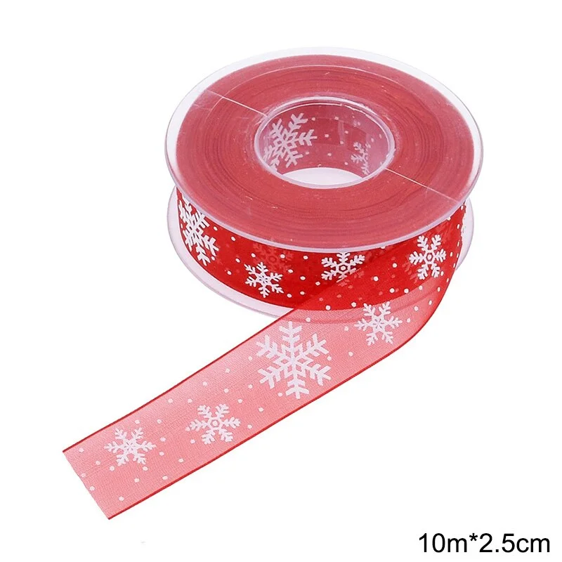 10m Snowflake Printer Organza Ribbon for Christmas Gift Wrapping Packaging Decoration Birthday Party DIY Handmade Crafts Bowknot