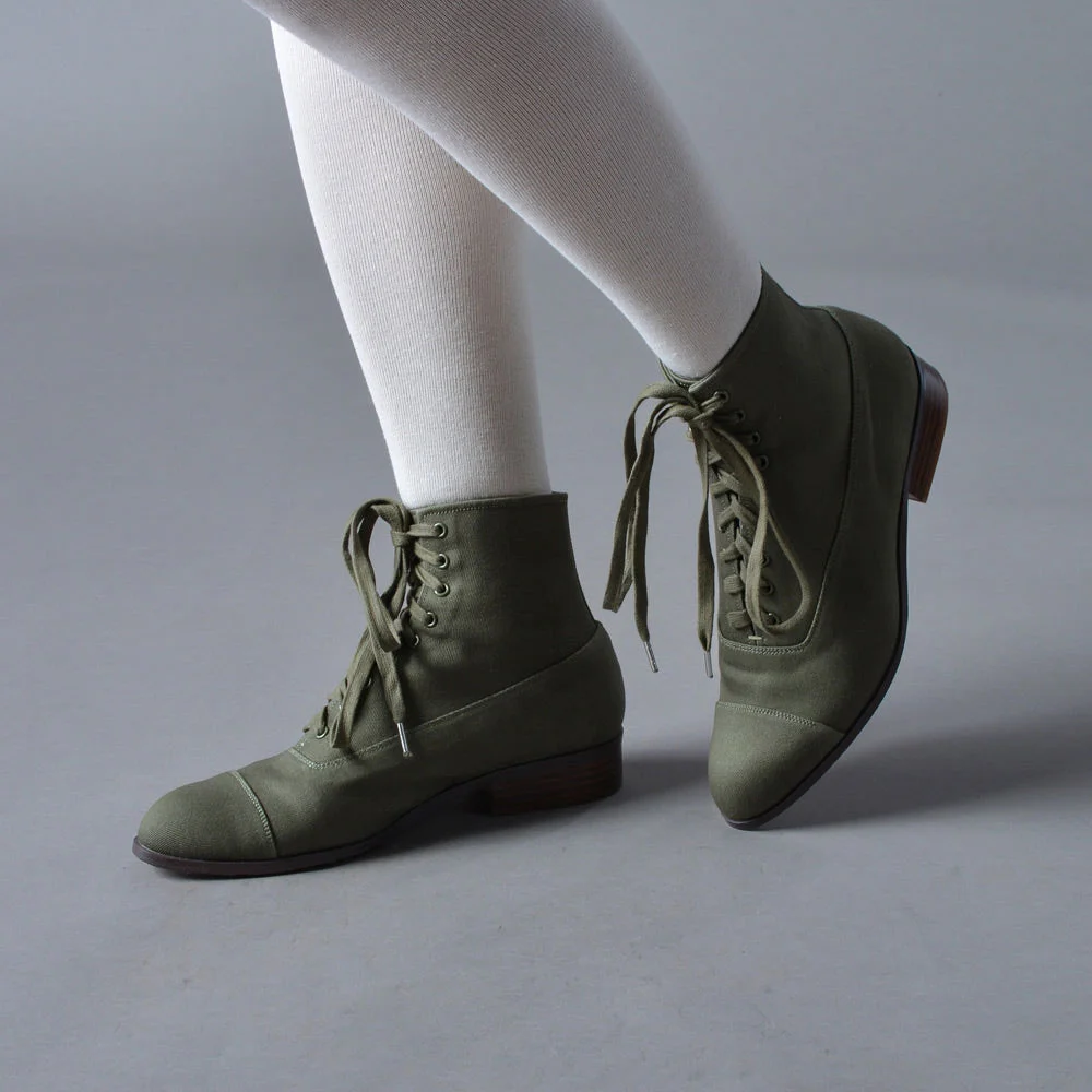 Olive Canvas Round Toe Stacked Heel Lace-Up Booties for Women