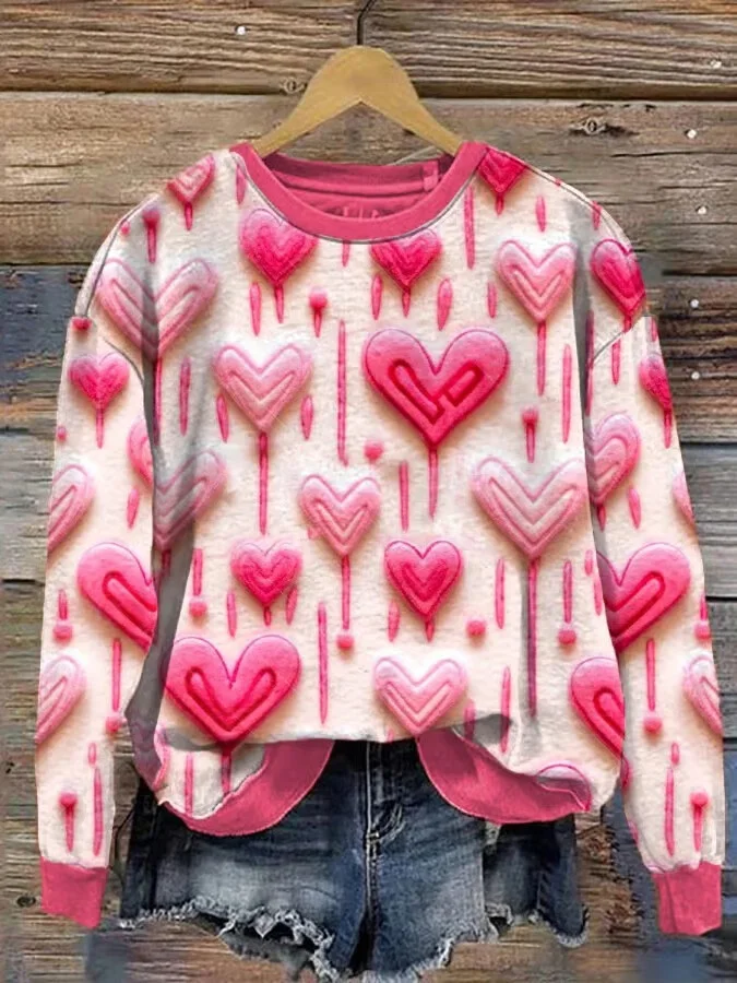 Women's Retro Pink Heart Embroidery Felt Print Sweatshirt