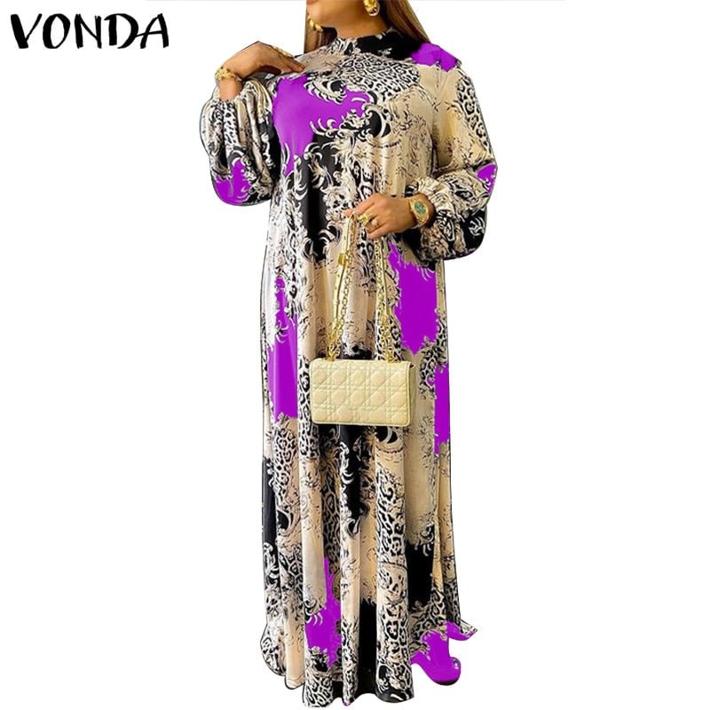 Summer Maxi Dress VONDA Women Floral Printed Dress Vintage Lantern Sleeve Sundress 2022 Bohemian Stand Collar Beach Vestidos