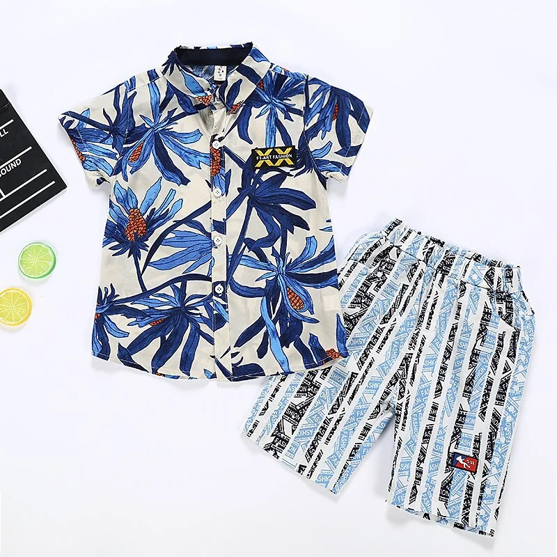 2 Pieces Toddler Boys T-shirt & Shorts Outfit Leaf Stripe Short Sleeve Set Outdoor Fashion Daily Spring Summer 3-7 Years Blue