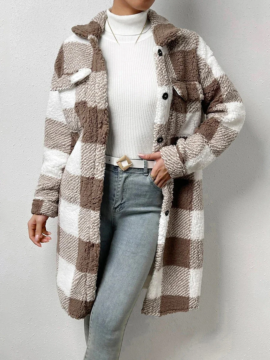 Oocharger Women's Plaids Plush Warm Coats Fashion Winter Fuzzy Fleece Long Jackets Street Long Sleeve Lapel Buttons Outerwear