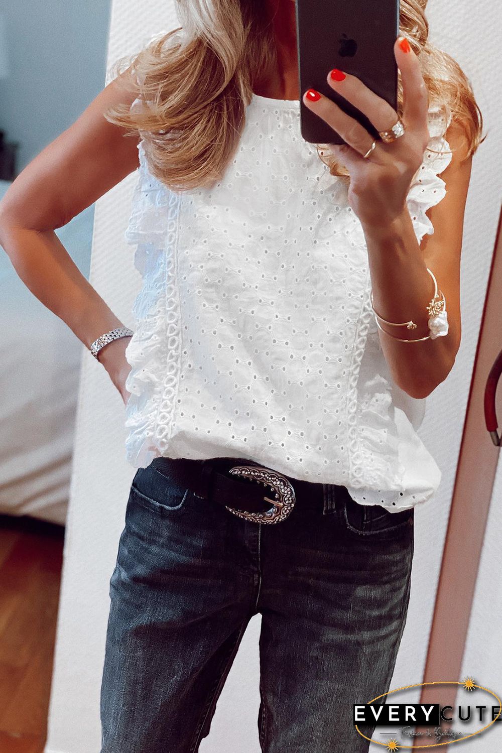 White Eyelet Pattern Ruffle Tank Top