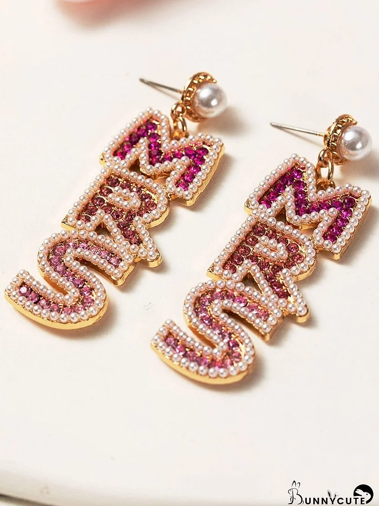 Pink Rhinestone Pearl MRS Studded Drop Earrings
