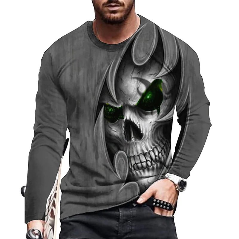 Skull 3D Print Long Sleeve Casual Men's T-shirts-VESSFUL