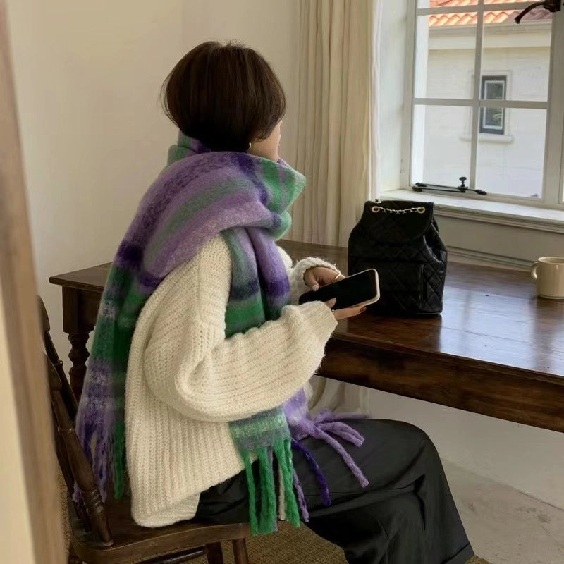 Autumn And Winter Thickened Scarf Women’s Korean-style Rainbow Plaid Tassel Mohair Shawl Student Versatile Warm Scarf Fashion