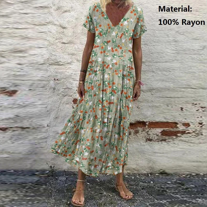 ZANZEA Summer Women Sundress Bohemian Floral Print Beach Maxi Dress Vintage V Neck Short Sleeve Oversized Dresses Kaftan Vestido