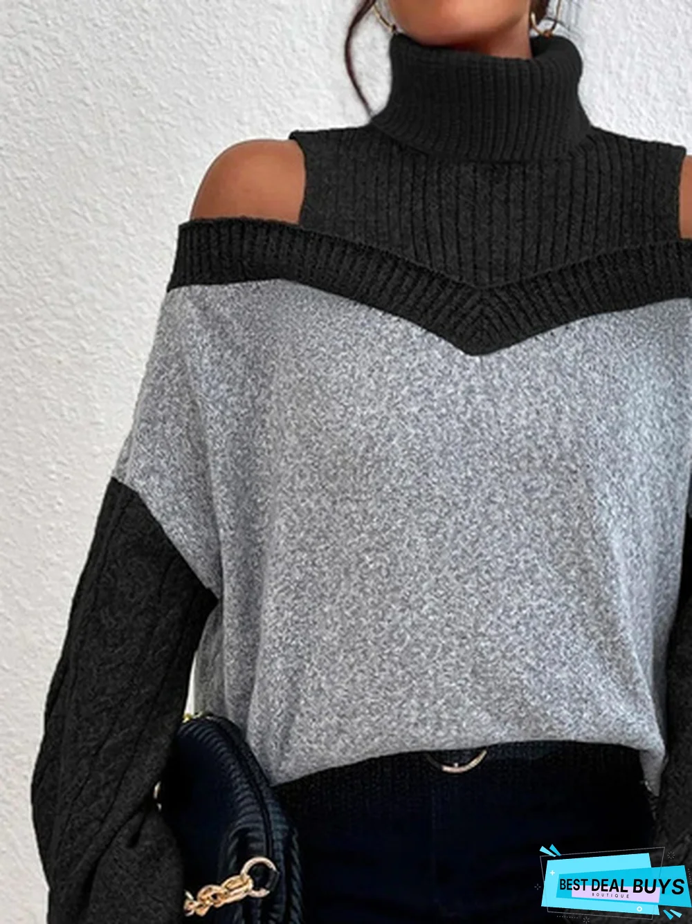 Casual Color Block Turtleneck Sweater tunic