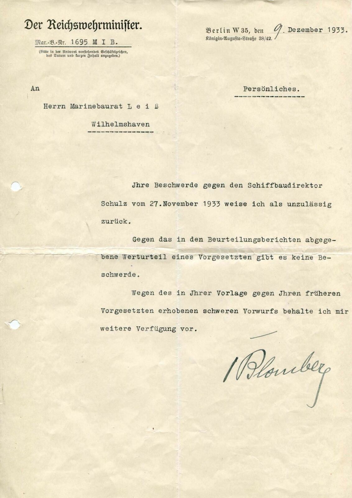 GENERALFELDMARSCHALL Werner von Blomberg autograph, typed letter signed