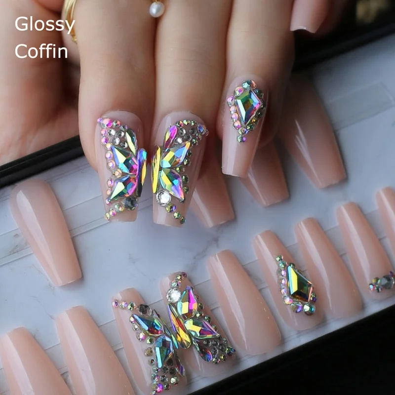 Butterfly Crystal Luxury Coffin nude Press on nails box 24pcs UV Acrylic nails bling DIY manual Ballet matte pink fasle nails