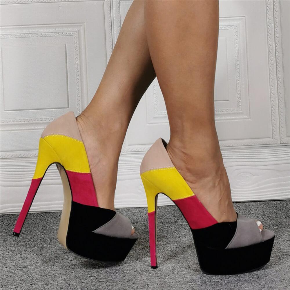 VCSHOES Suede Peep Toe Color Block Platform High Heel Sandals