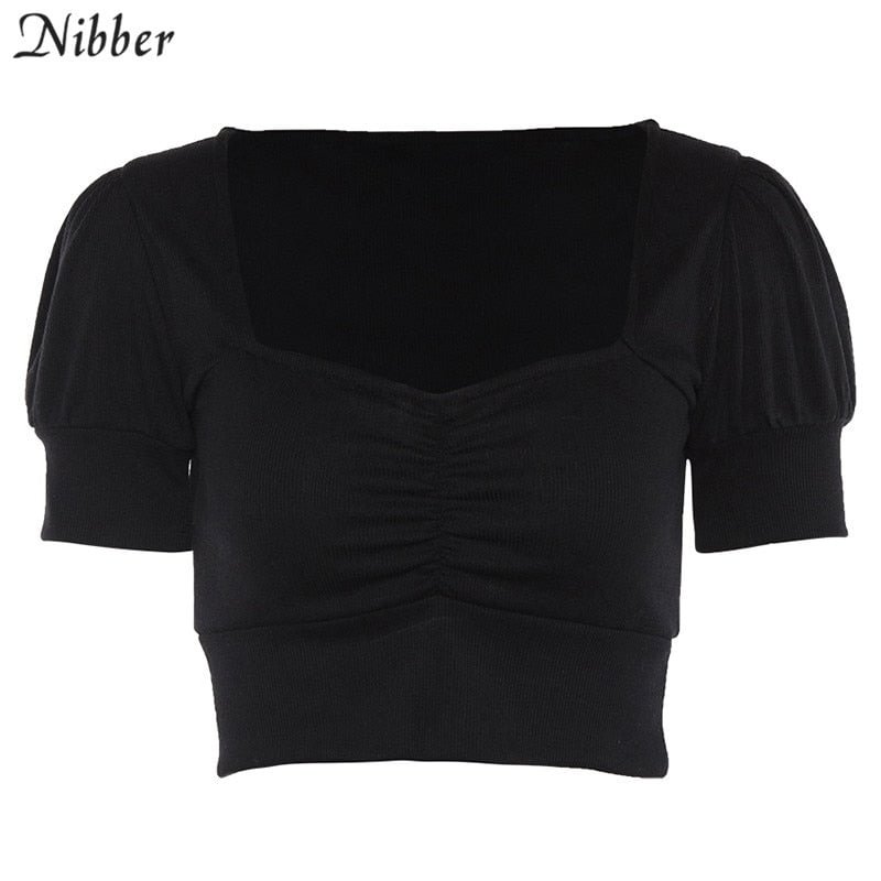 Nibber sexy Low-cut Ribbed Knitted Crop Tops women Tees 2020 hot sale red black fashion short sleeve streetwear office lady tops