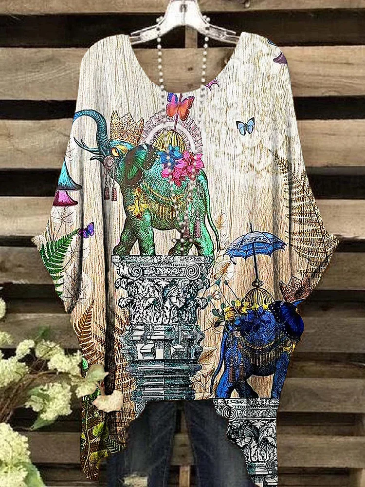 Women's Vintage Bohemian Elephant Pattern Round Neck Top