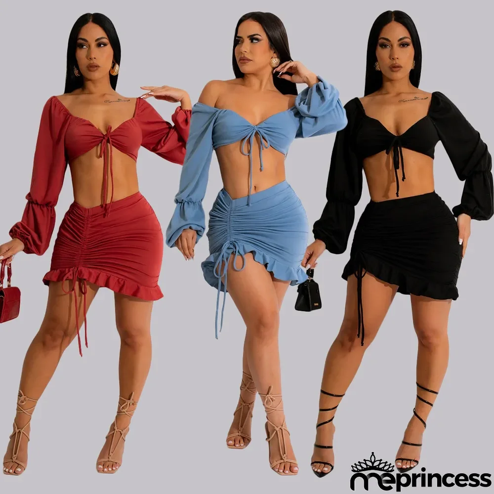 Wrapped Chest Top Drawstring Wood Ear Skirt Two-piece Set