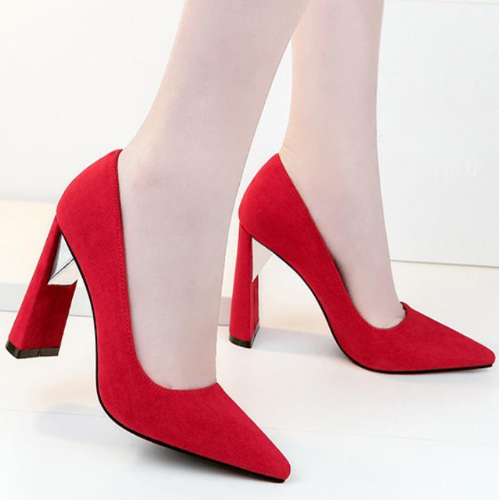 GOOSHOE Chunky Heel Point Toe Suede Work Pumps
