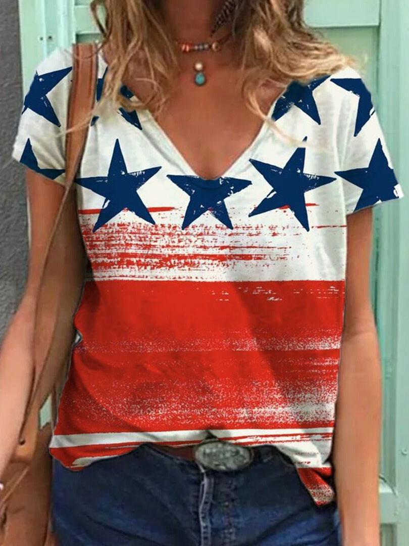 Women Short Sleeve V-neck Striped Star Printed Colorblock Tops