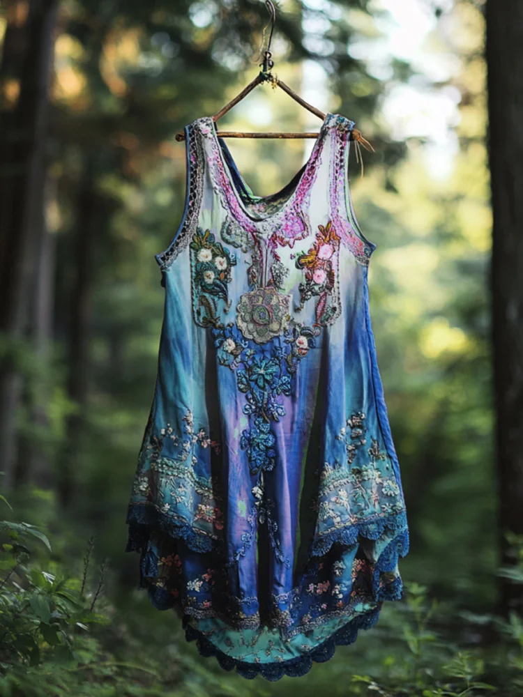 VChics Boho Lavender Gradient Lace Art Linen Sleeveless Tank Top