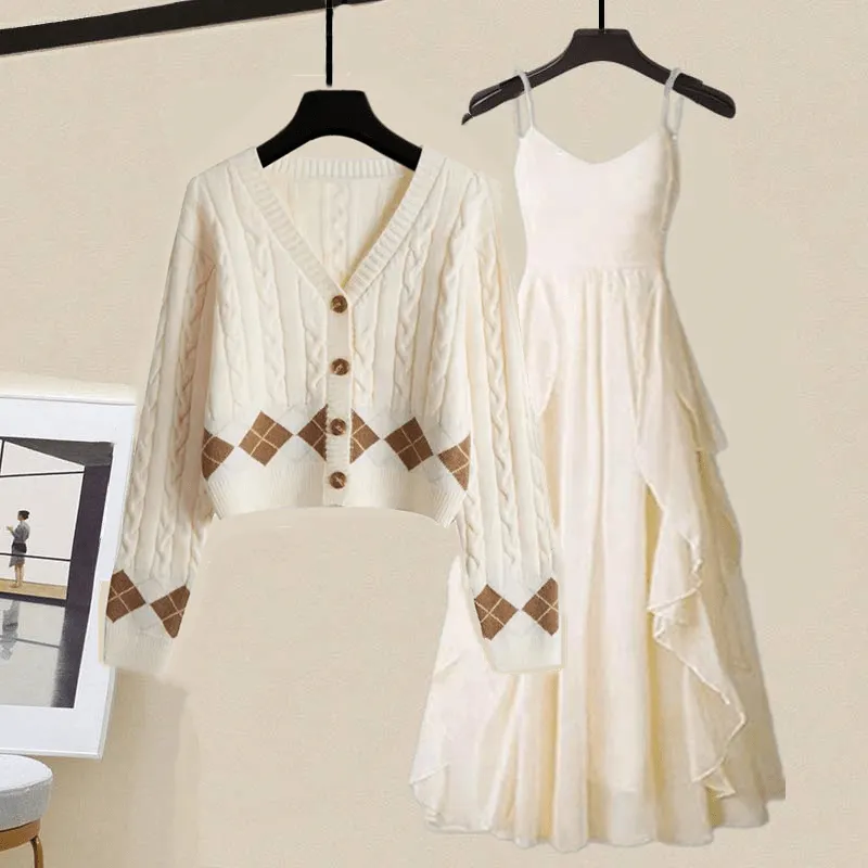 Rhombus Print Cardigan Sweater Slip Dress Two Pieces
