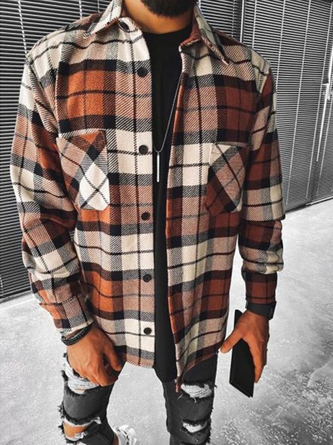 Men Casual Plaid Long Sleeve Jacket