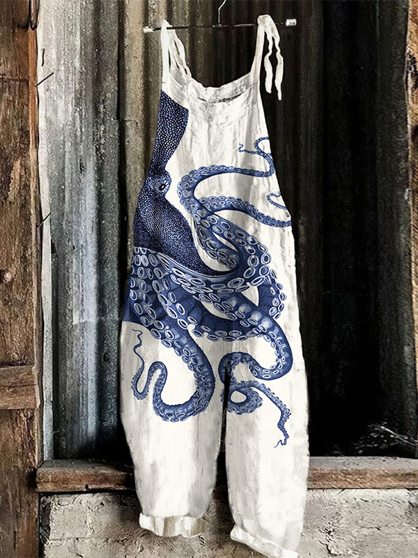 Women's Cute Print Linen Blend Casual Jumpsuit