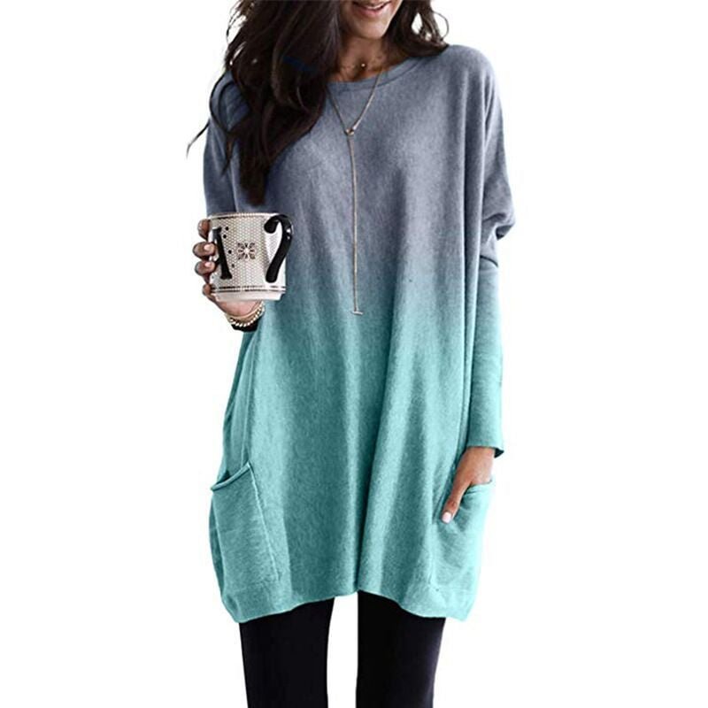 Leosoxs Spring Autumn Casual Loose O Neck Long Sleeve Pocket Women'T Shirts New Fashion Gradient Print Ladies T Shirts Plus Size