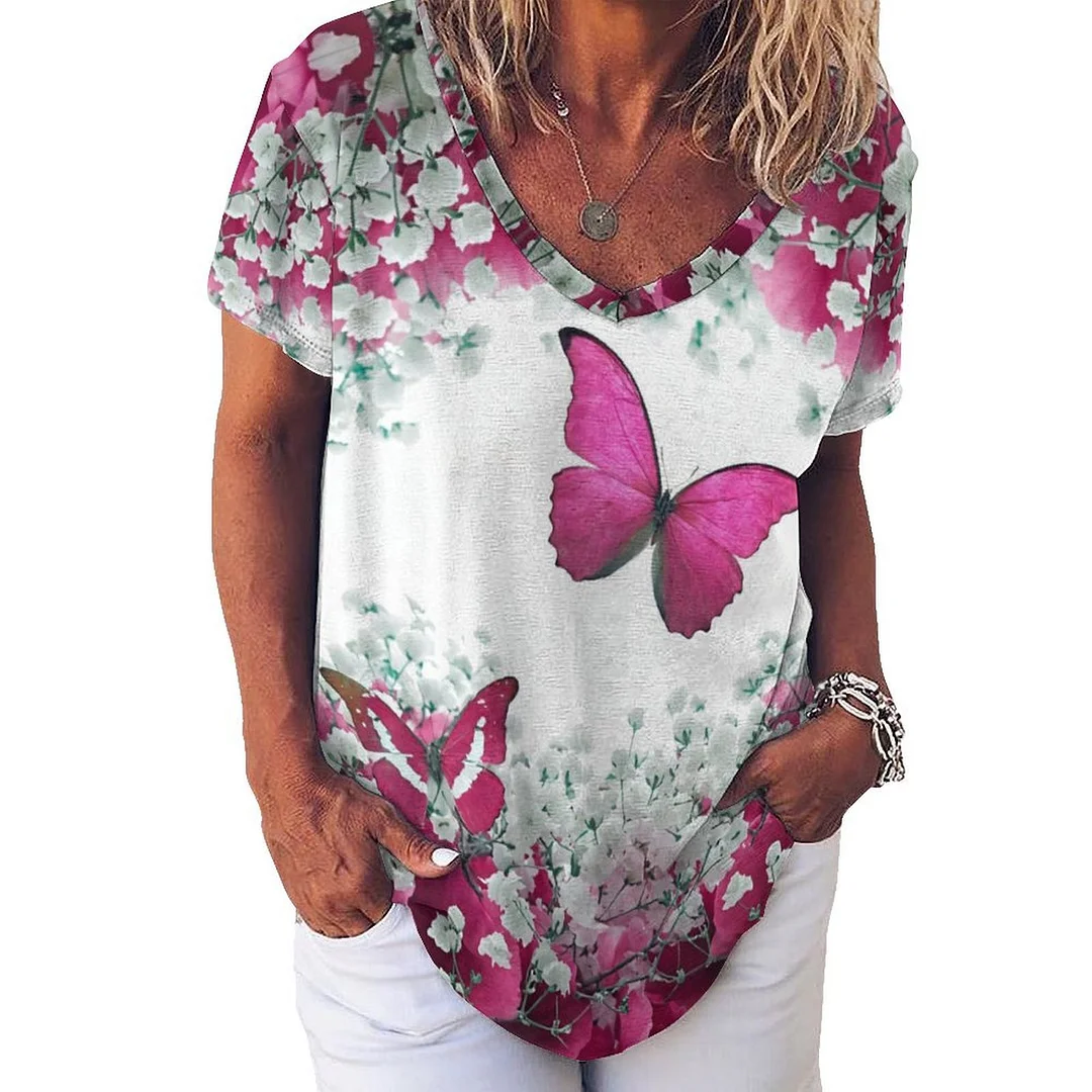 V-neck Short Sleeve Casual T-shirt for  Women Printed with Pattern Butterfly, Rose Red, Floral