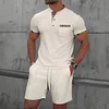 Men's Casual Waffle-Knit Two-Piece Set: Color-Block Stand Collar Short-Sleeve Top & Shorts by Inlyline