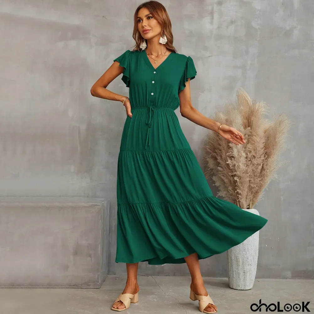summer flying sleeve long skirt women's clothing solid color V-neck dress cascading ruffles skirt