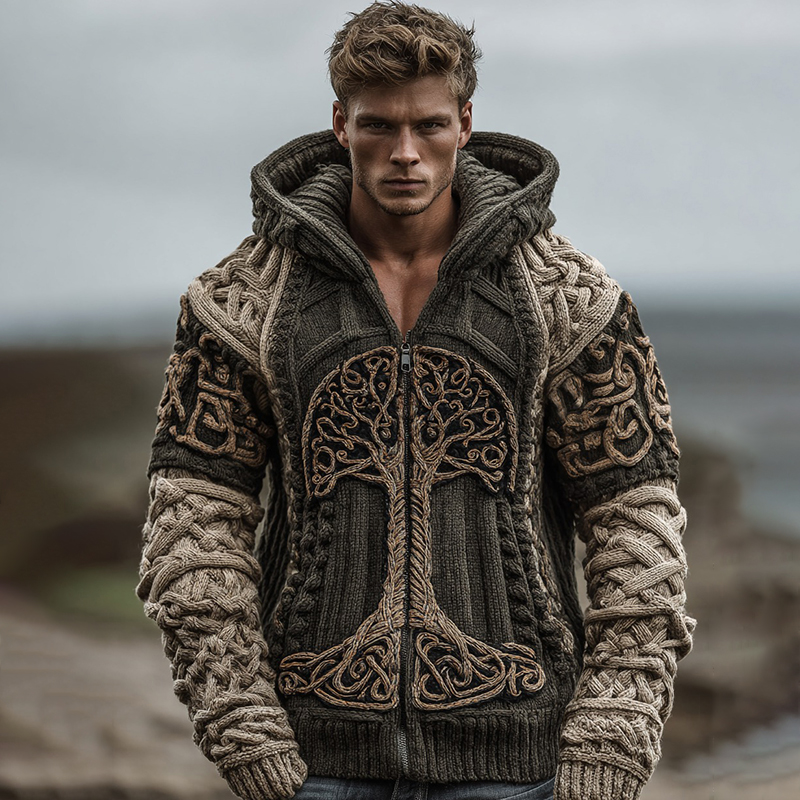 Men's Viking Tree Of Life Celtic Art Knit Hooded Zip-up Sweater artswardrobe