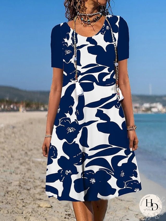 Casual Dress Floral Dress Summer Dress Graphic Floral Pocket Print Crew Neck Midi Dress Fashion Modern Daily Holiday Short Sleeve Loose Fit Aqua Blue White Light Green Summer Spring S M L XL for Women