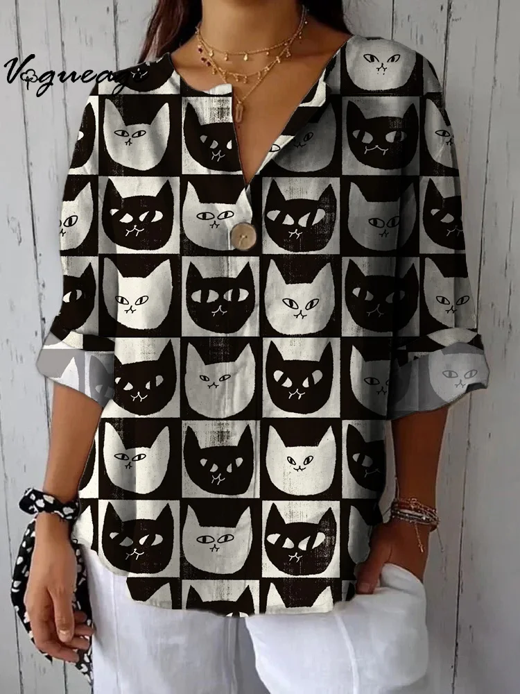 Fashionable Simple Creative Cat Plaid Printed Cotton And Linen Shirt