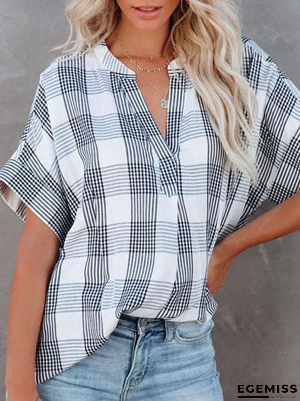 Check Print Casual Loose Short Sleeve Blouse | EGEMISS