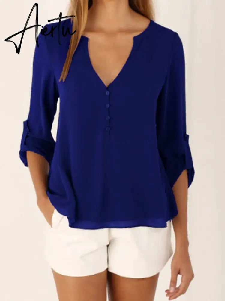 Women Shirts Summer Autumn Casual V-neck Chiffon Blouse Women Tops And Blouses Long Sleeve Black White Ladies Blouse Shirt Aiertu